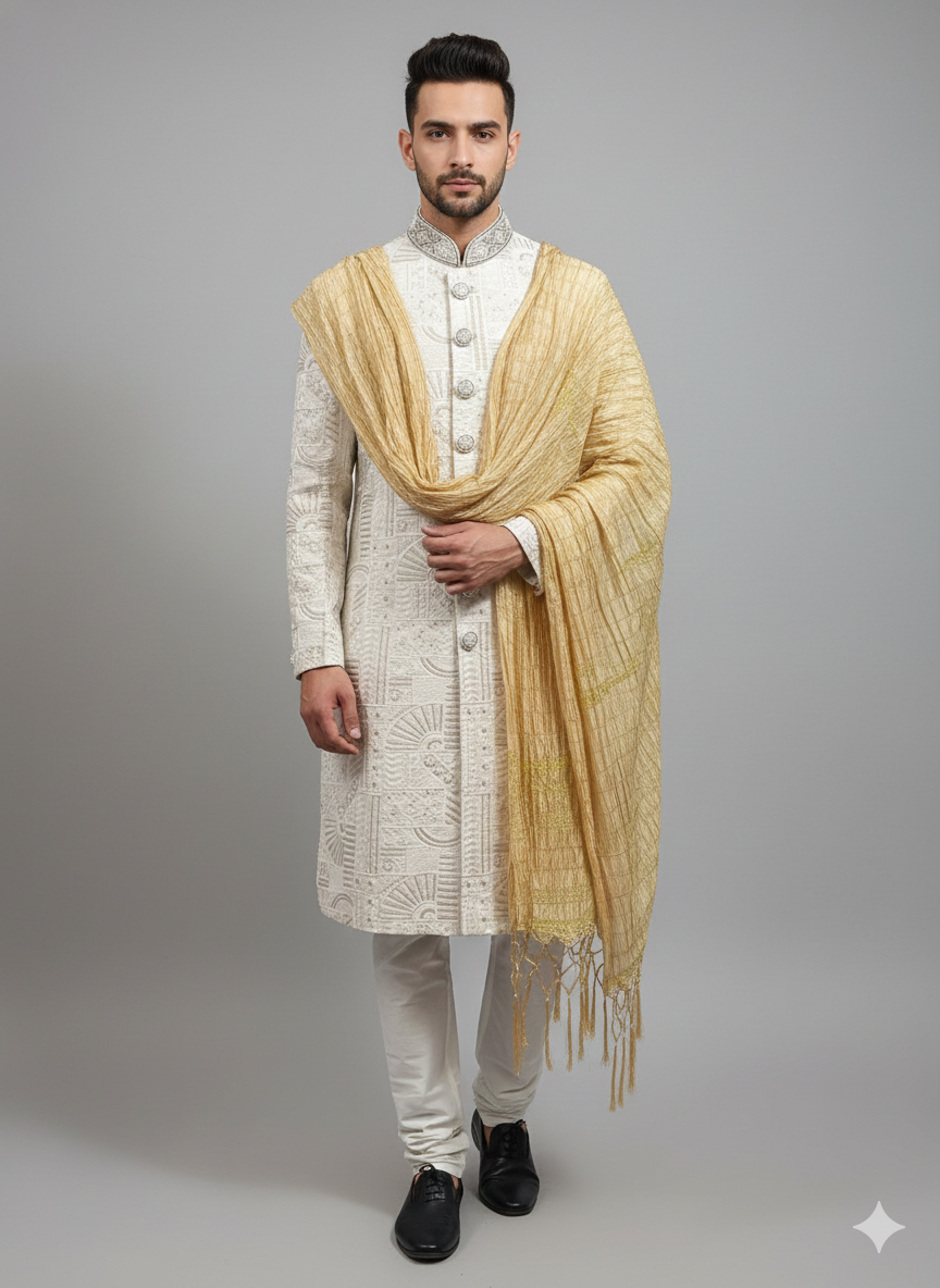 36” Small size Men’s Kurta Indian Ceam & Maroon Sherwani Bollywood outfit M14