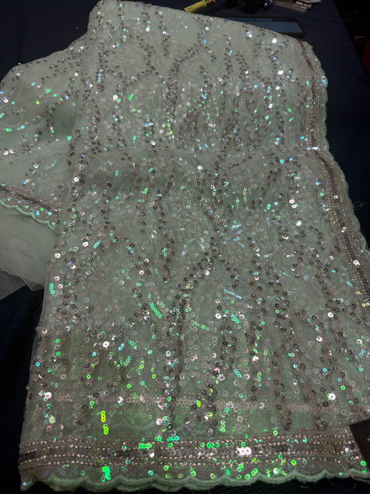 Net Sari Indian Bollywood Sequins Designer Fancy Party wear Saree Aqua Z2