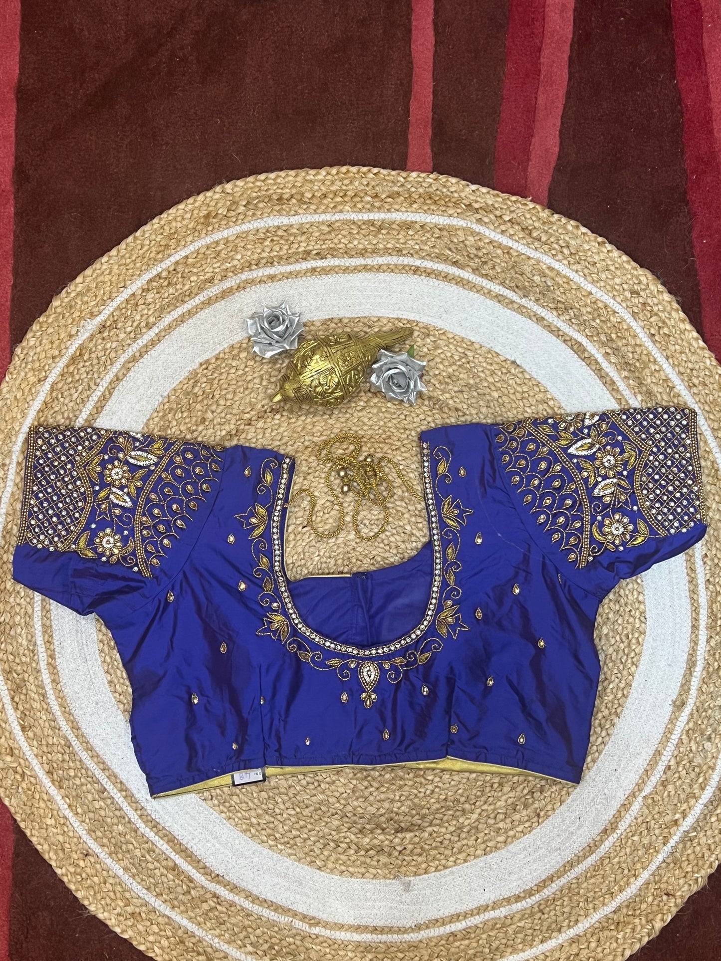 48” Size 18 Aari Worked Sari Blouse Indian Saree Top Silk Blue B130