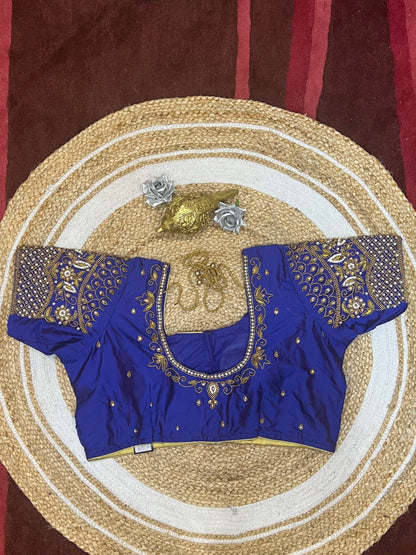 48” Size 18 Aari Worked Sari Blouse Indian Saree Top Silk Blue B130