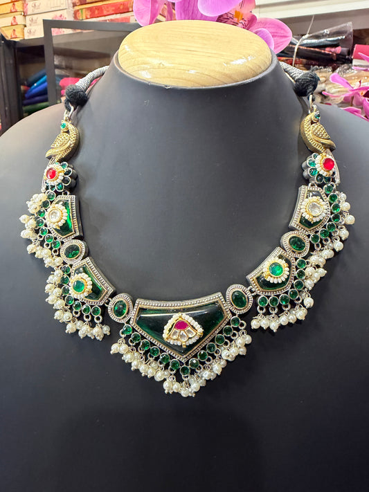 Handmade Brass Necklace with Silver polish Indian Tribal Green Jewellery N94