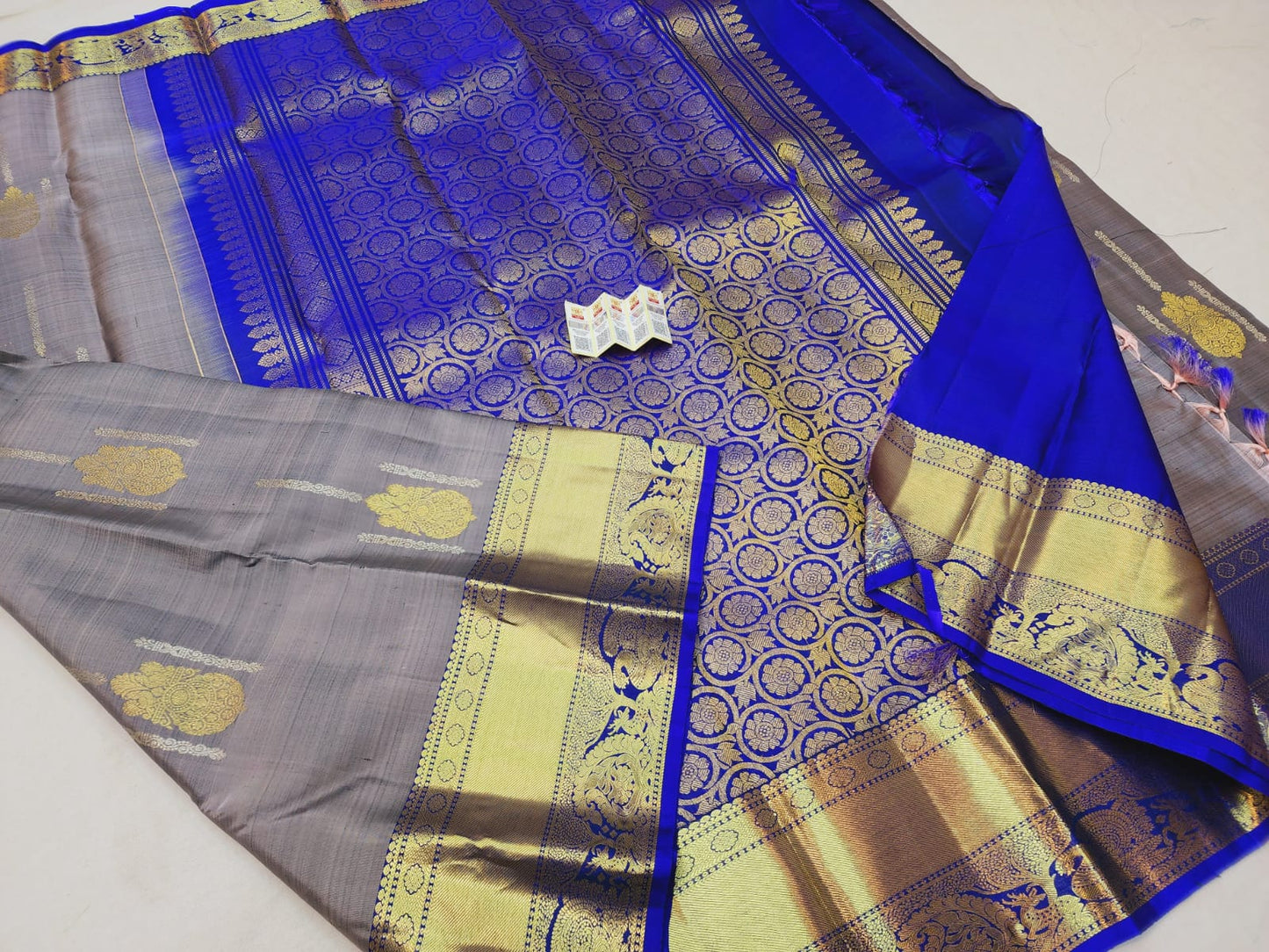 Kanchipuram Pure Silk Saree Grey & Blue with Gold Kanjivaram Sari| SPK146