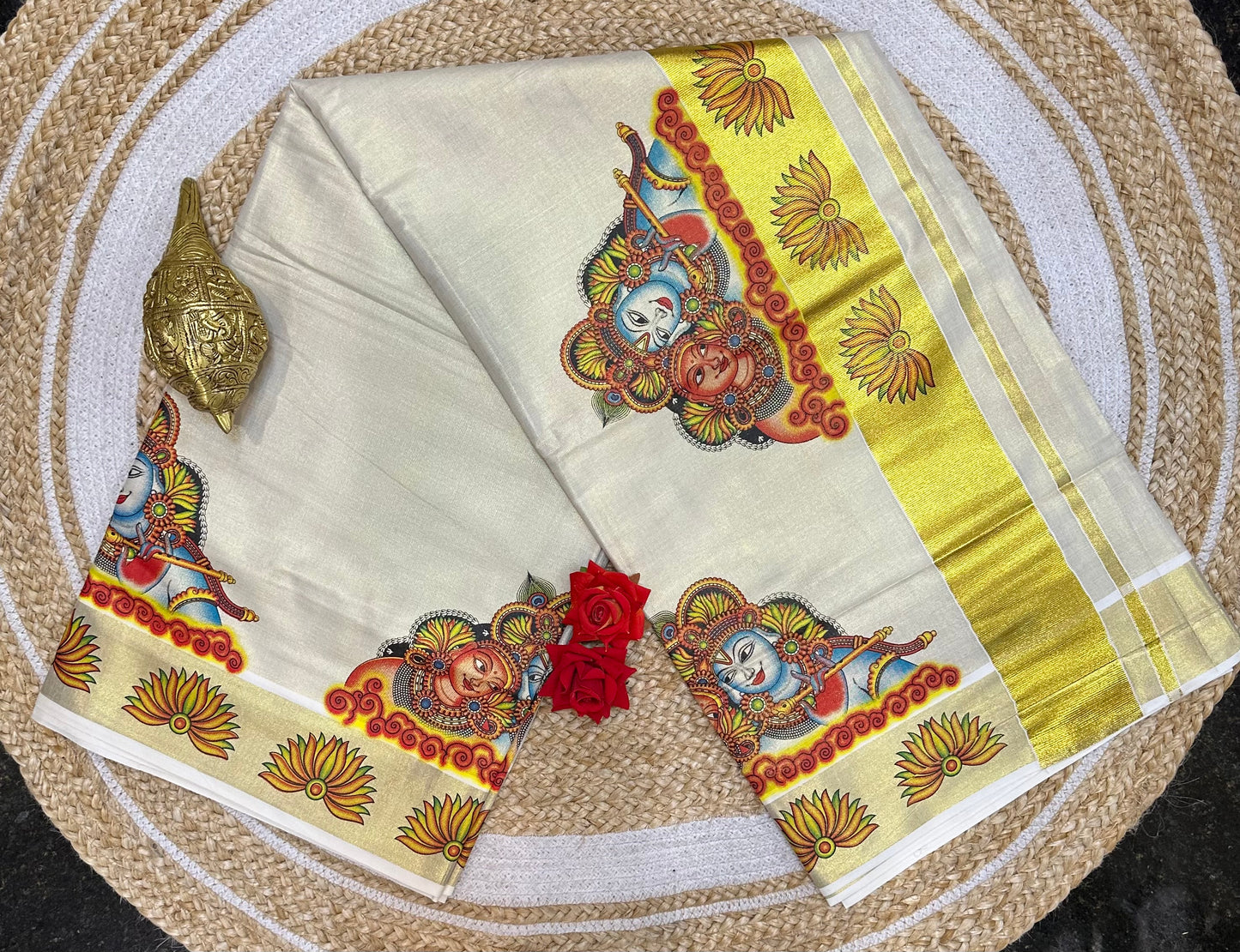 Kerala Vishu Sari Indian Cream Tissue hand Printed Saree C7 - Col 2