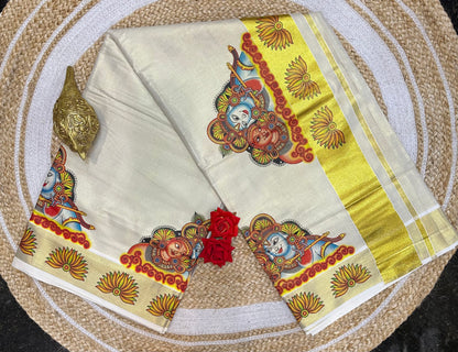 Kerala Vishu Sari Indian Cream Tissue hand Printed Saree C7 - Col 2
