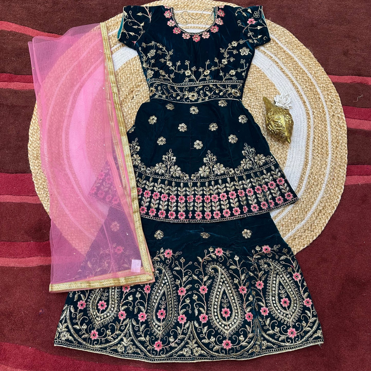 28” Size 6 to 7 Indian Peplum Lehenga Teal Green Pavadai Sattai Skirt Top G71 Col 1