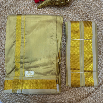38” Med Men’s South Indian Vesti Shirt Combo Gold Silk Dhotti V13
