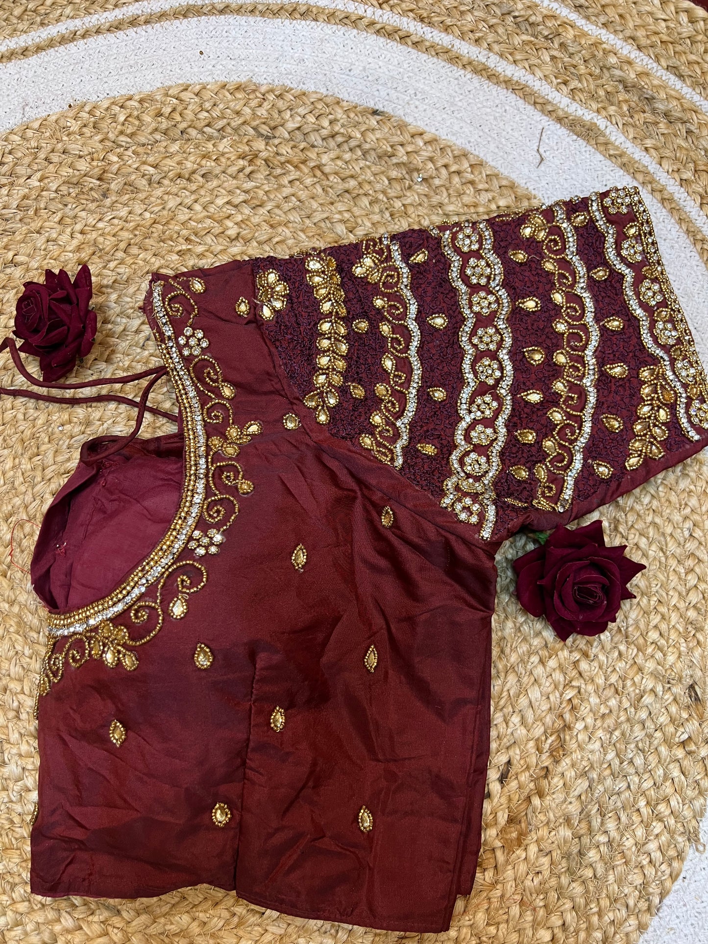 40” Aari hand Worked Sari Blouse Indian Top Choli Silk Maroon B30