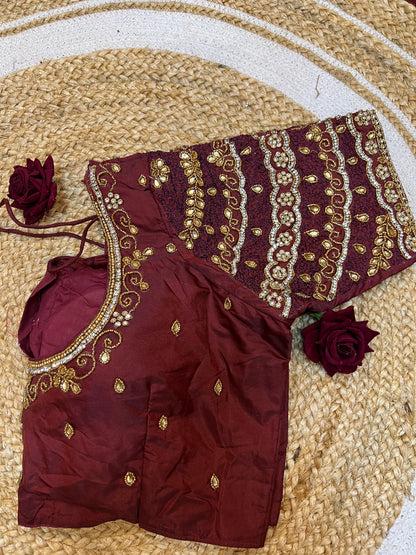 40” Aari hand Worked Sari Blouse Indian Top Choli Silk Maroon B30
