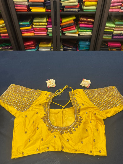 40” Aari hand Worked Sari Blouse Indian Top Choli Silk Yellow B21