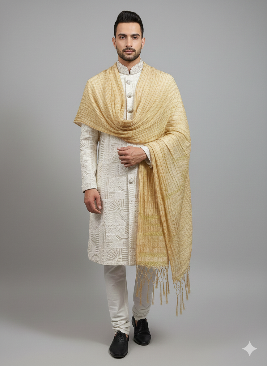 36” Small size Men’s Kurta Indian Ceam & Maroon Sherwani Bollywood outfit M14