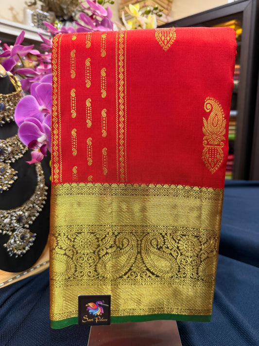 Kanchipuram Pure Silk Saree Red & Green Kanjivaram Sari| SPK081