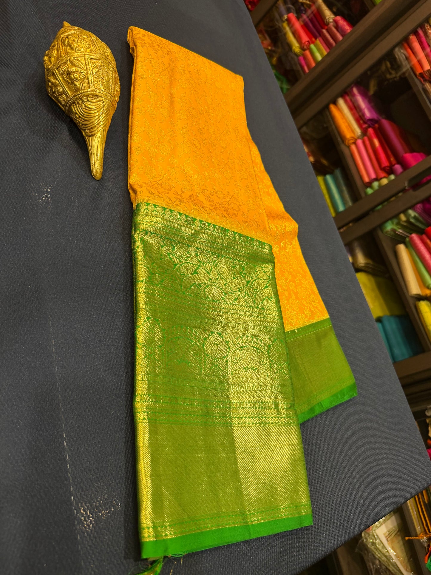 Kanchipuram Pure Silk Saree Yellow & Green Kanjivaram Sari| SPK087