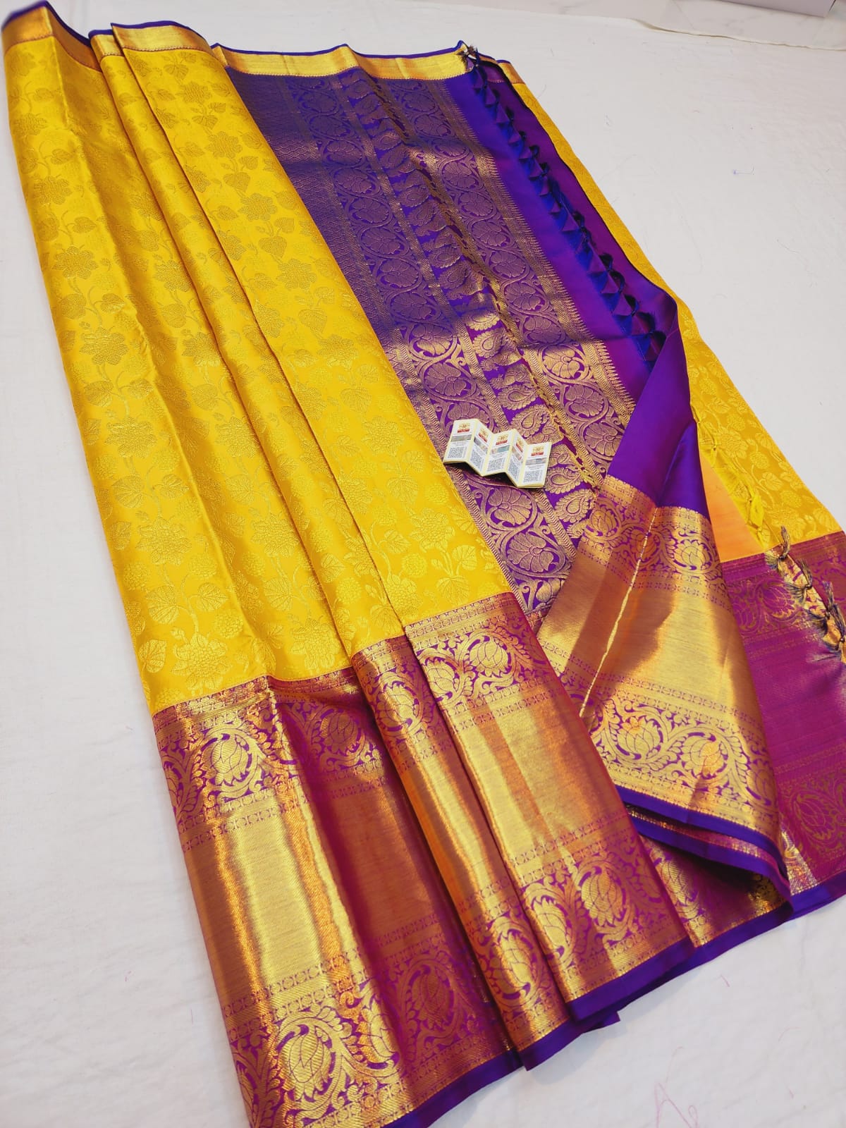 Korvai Kanchipuram Pure Silk Saree Mango Yellow & Purple Kanjivaram Sari| SPK110