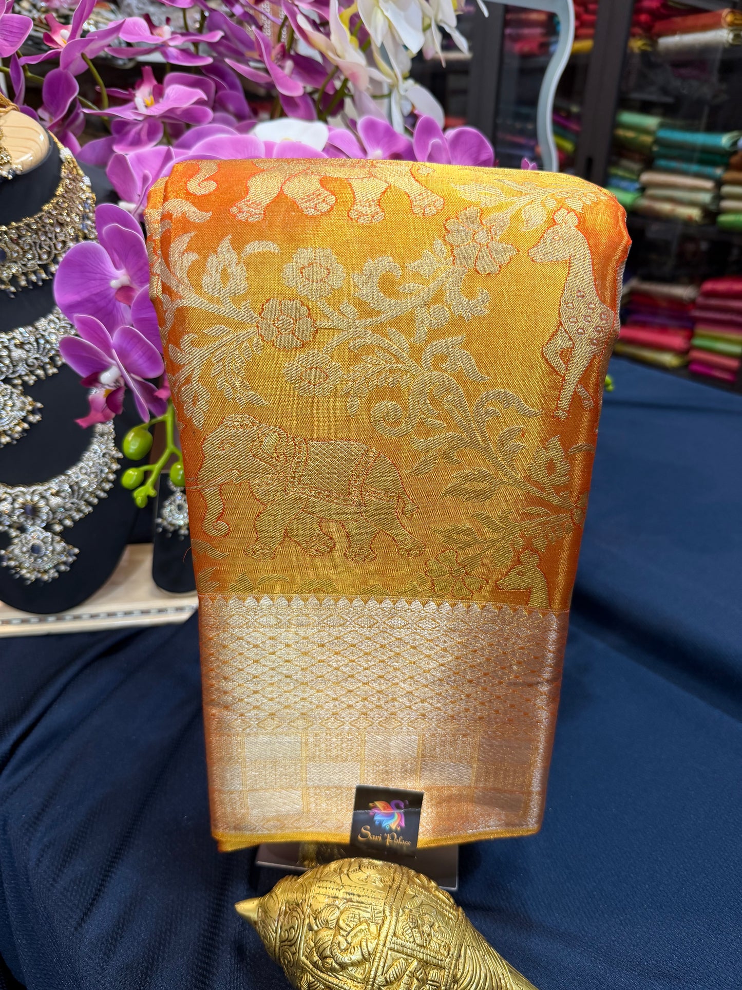 Bridal Tissue Kanchipuram Pure Silk Saree Orangish Gold Kanjivaram Sari| SPK087