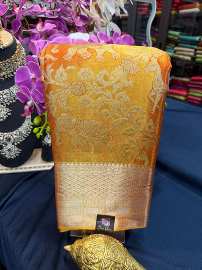 Bridal Tissue Kanchipuram Pure Silk Saree Orangish Gold Kanjivaram Sari| SPK087