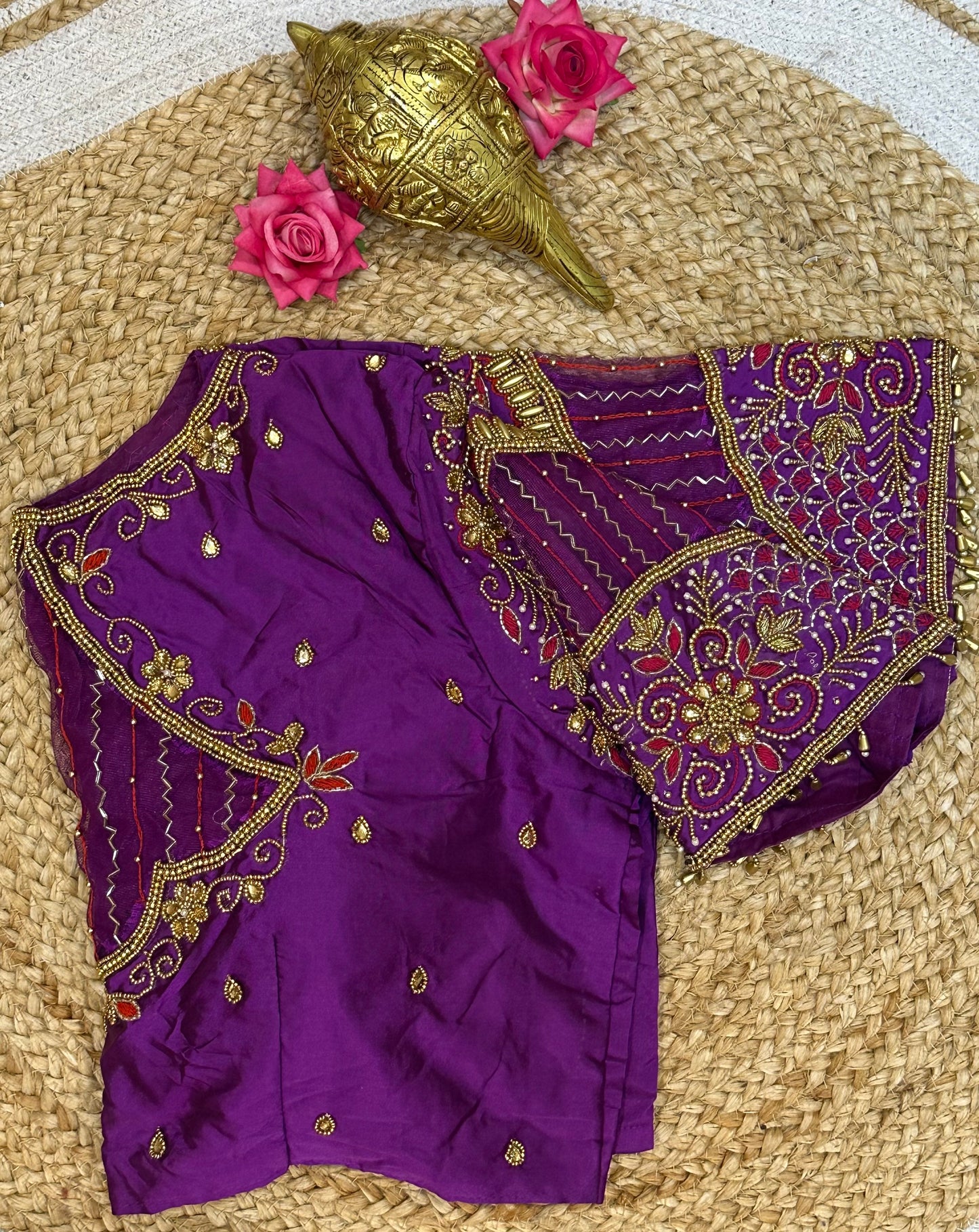 40” Size 10 Aari Worked Sari Blouse Indian Saree Top Silk Purple B98