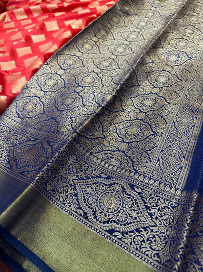 Bangalore Silk Sari Indian Fancy Saree Red & Blue S71