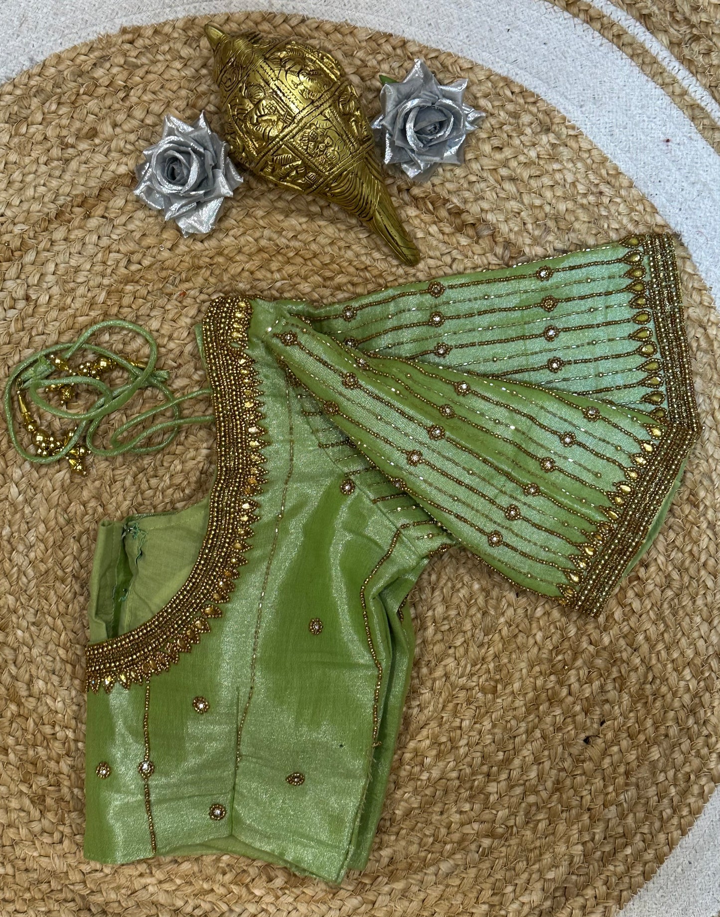 34” XS Aari Worked Sari Blouse Indian Saree Top Tissue Silk Green B112