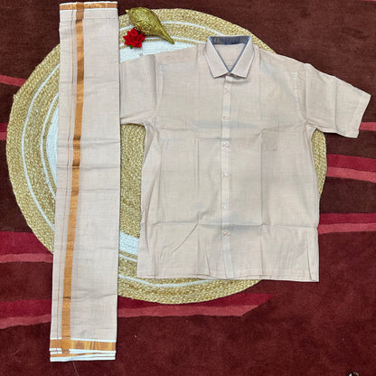 Men’s South Indian Vesti Shirt Combo Rose Gold Copper Tissue Dhotti V11