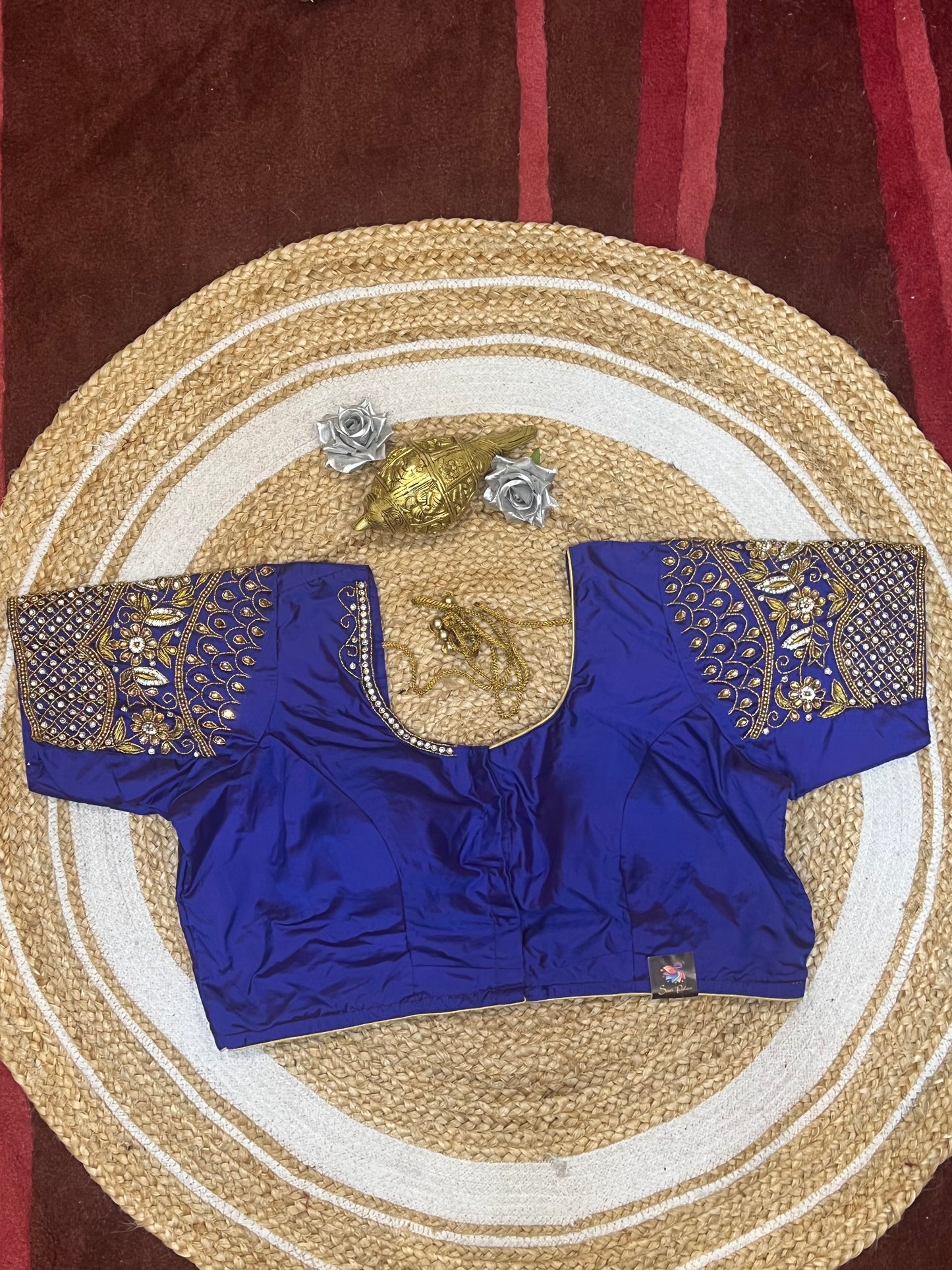 48” Size 18 Aari Worked Sari Blouse Indian Saree Top Silk Blue B130