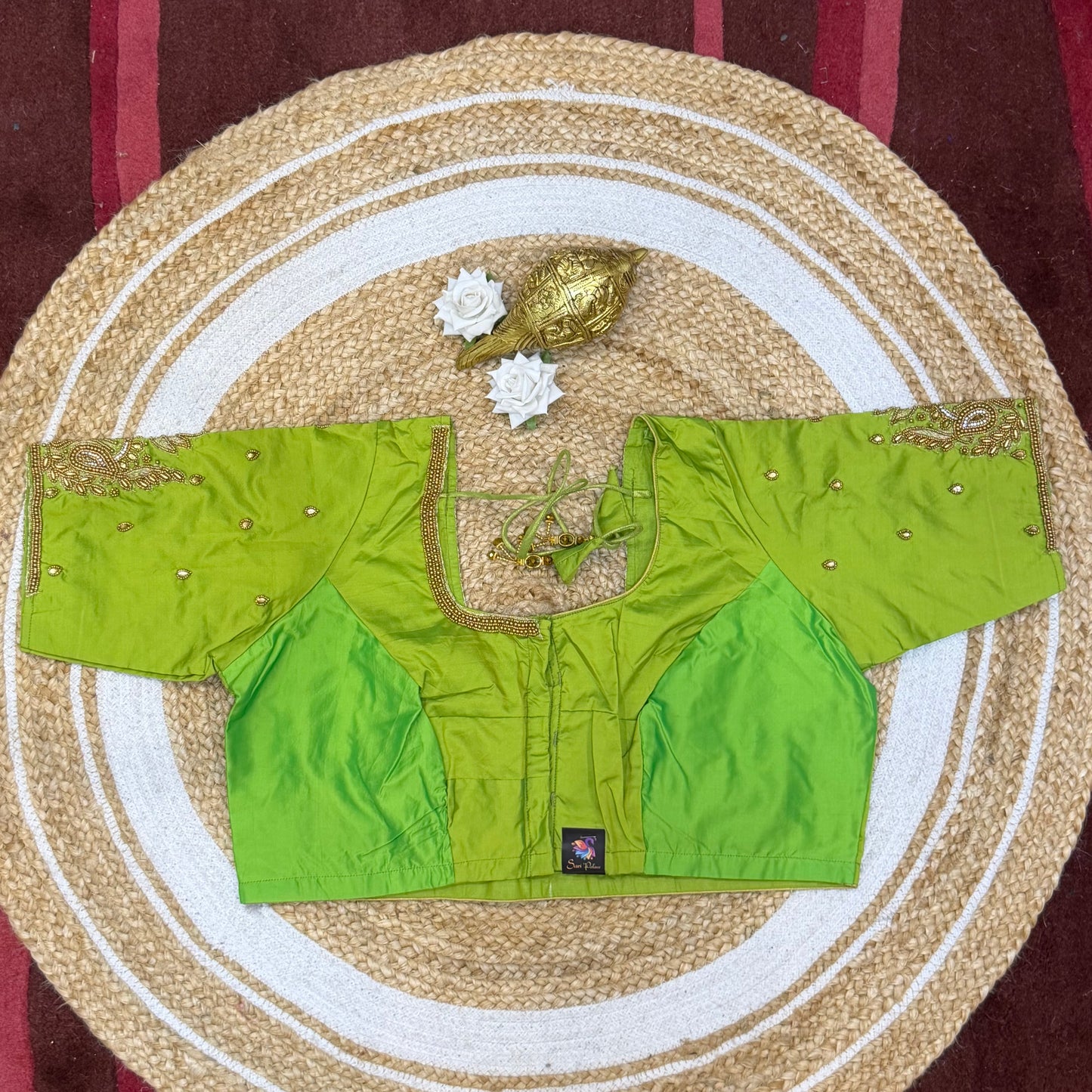 46” Size 16 Aari Worked Sari Blouse Indian Saree Top Silk Green B225