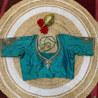 40” Size 10 Aari Worked Sari Blouse Indian Saree Top Silk Blue B95