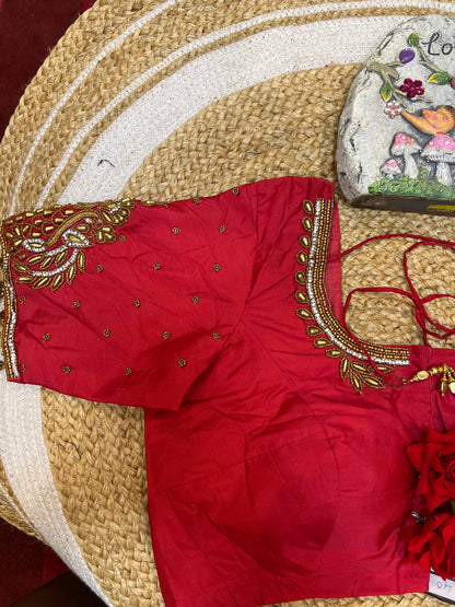 40” Aari hand Worked Sari Blouse Indian Top Choli Silk Red B31