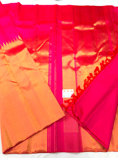 Raising Border Kanchipuram Pure Silk Saree Rani Pink Indian Kanjivaram Sari| SPK353