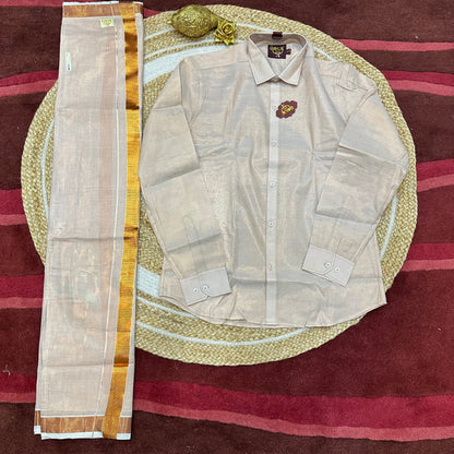 Men’s South Indian Vesti Shirt Combo Rose gold Copper Tissue Dhotti V12