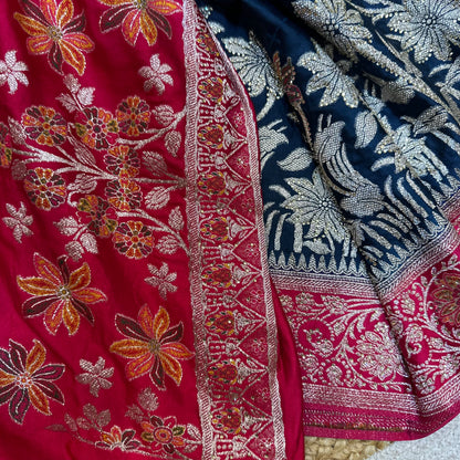 Blue Pink Sari Indian Fancy Stonework Party wear Silk Saree S145