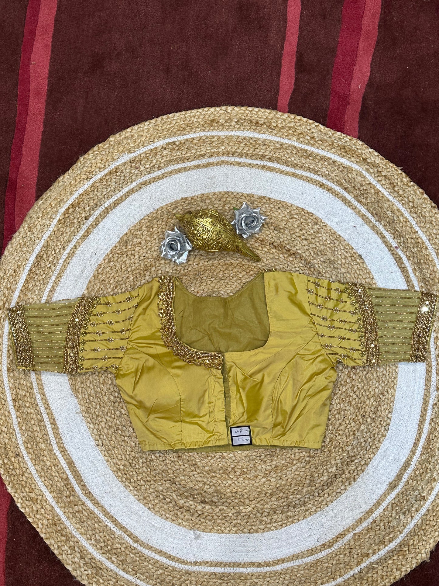 34” XS Aari Worked Sari Blouse Indian Saree Top Silk Gold B103