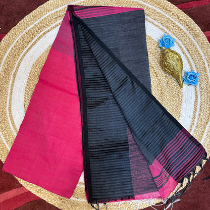 Black & Pink Soft Slab Cotton Linen Sari Indian Saree with temple border C1