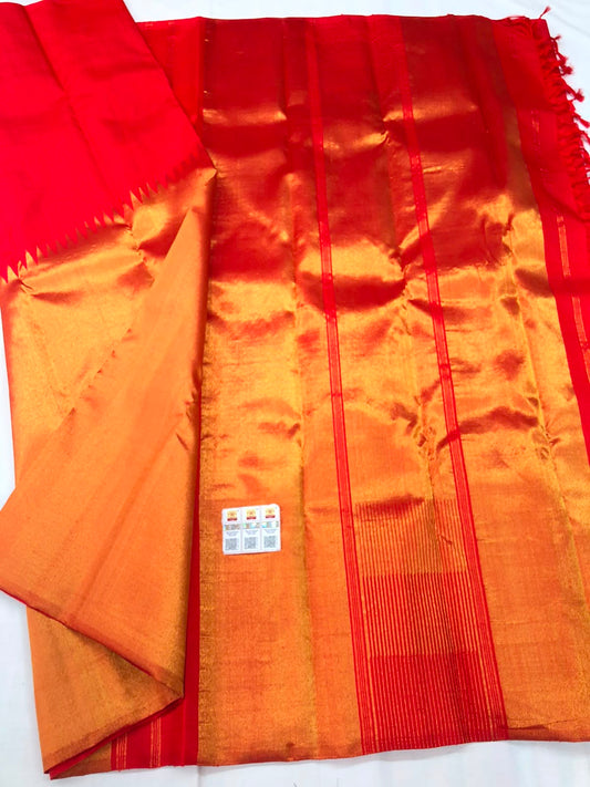 Raising Border Kanchipuram Pure Silk Saree Red Indian Kanjivaram Sari| SPK327