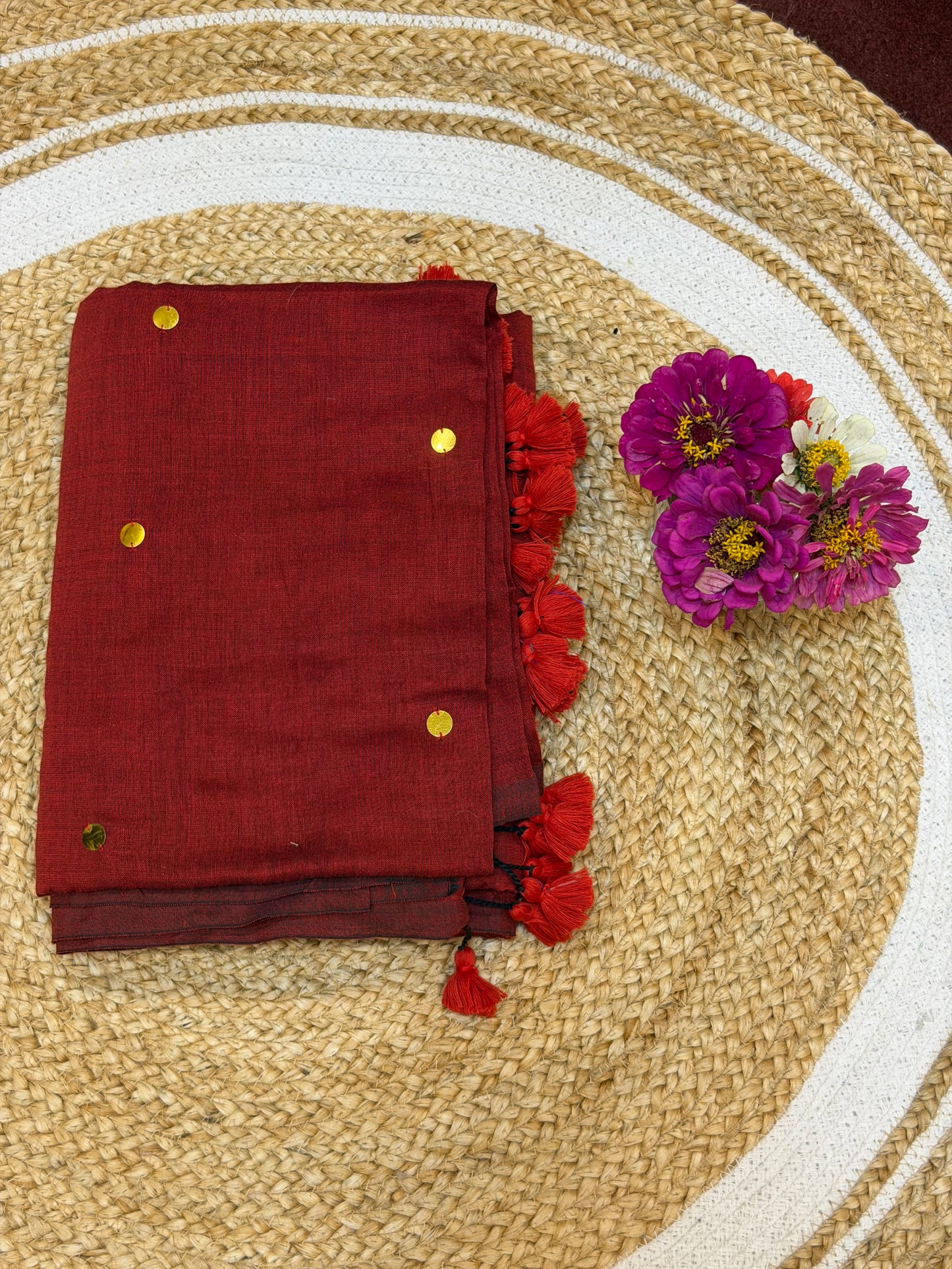Khadi Soft Cotton Linen Sari Indian Saree Maroon  S9