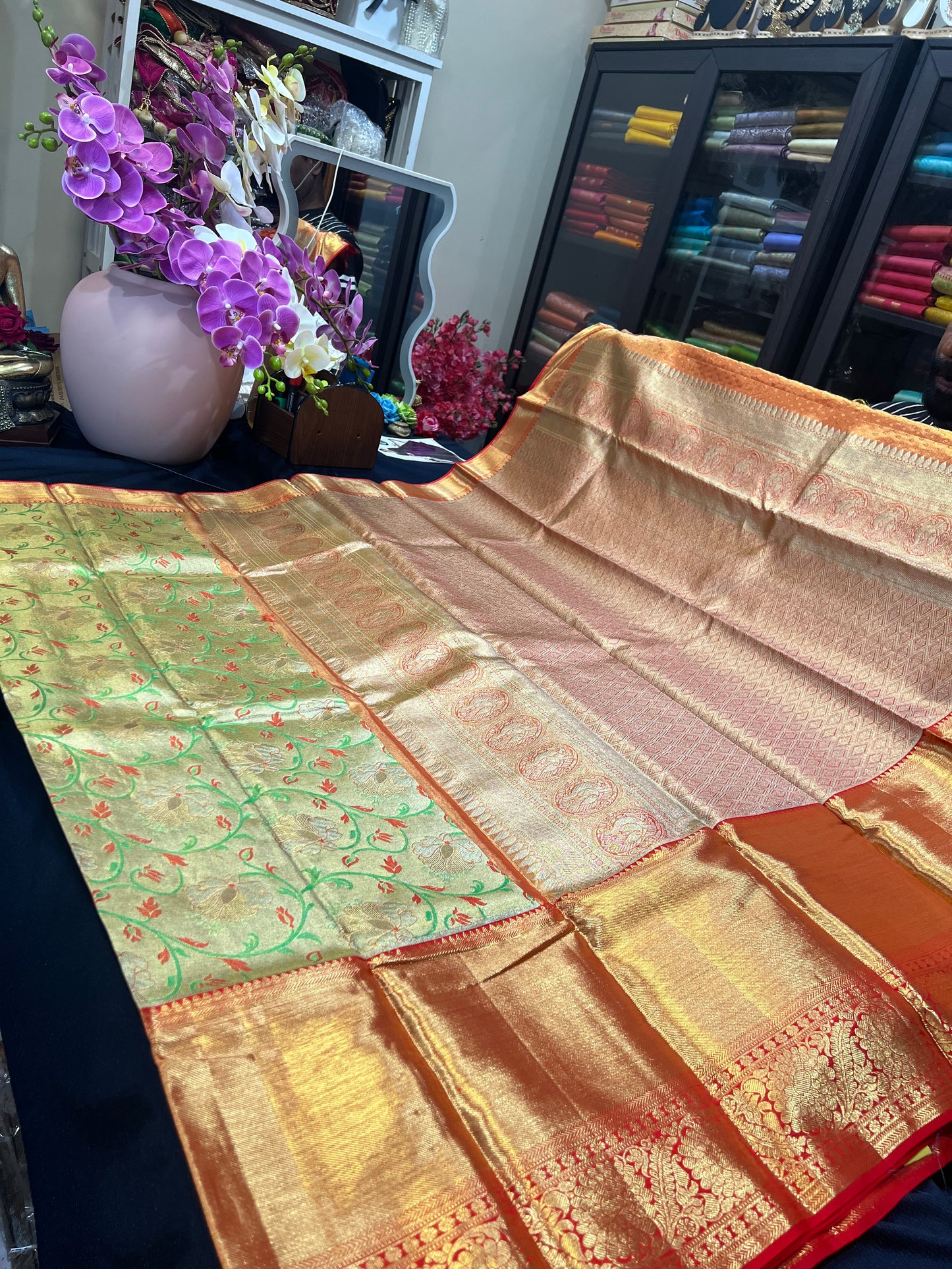 Bridal Tissue Kanchipuram Pure Silk Saree Gold & Red Kanjivaram Sari| SPK115