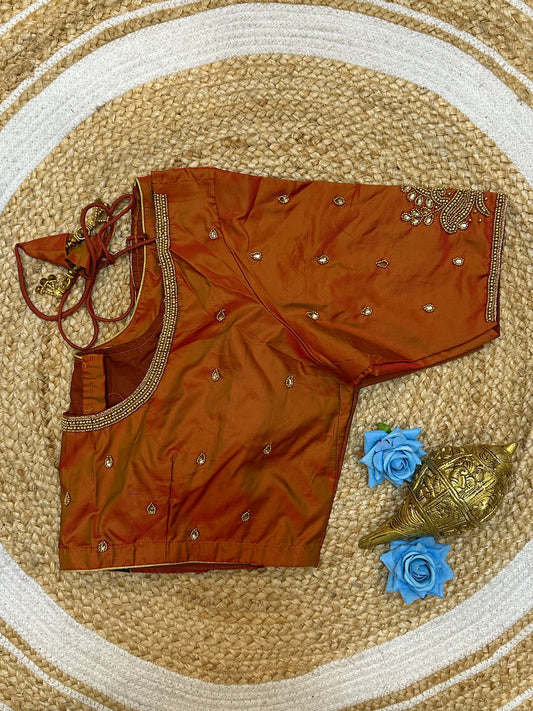 46” Size 16 Aari Worked Sari Blouse Indian Saree Top Silk Metallic Orange B194