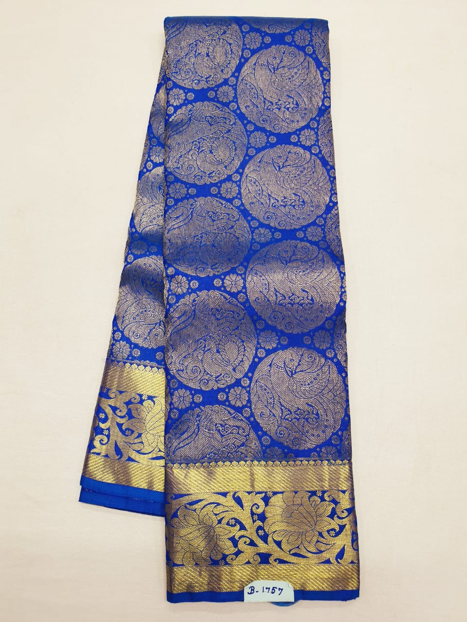Kanchipuram Bridal Pure Silk Saree with Gold Zari Blue & Gold Sari| SPK084