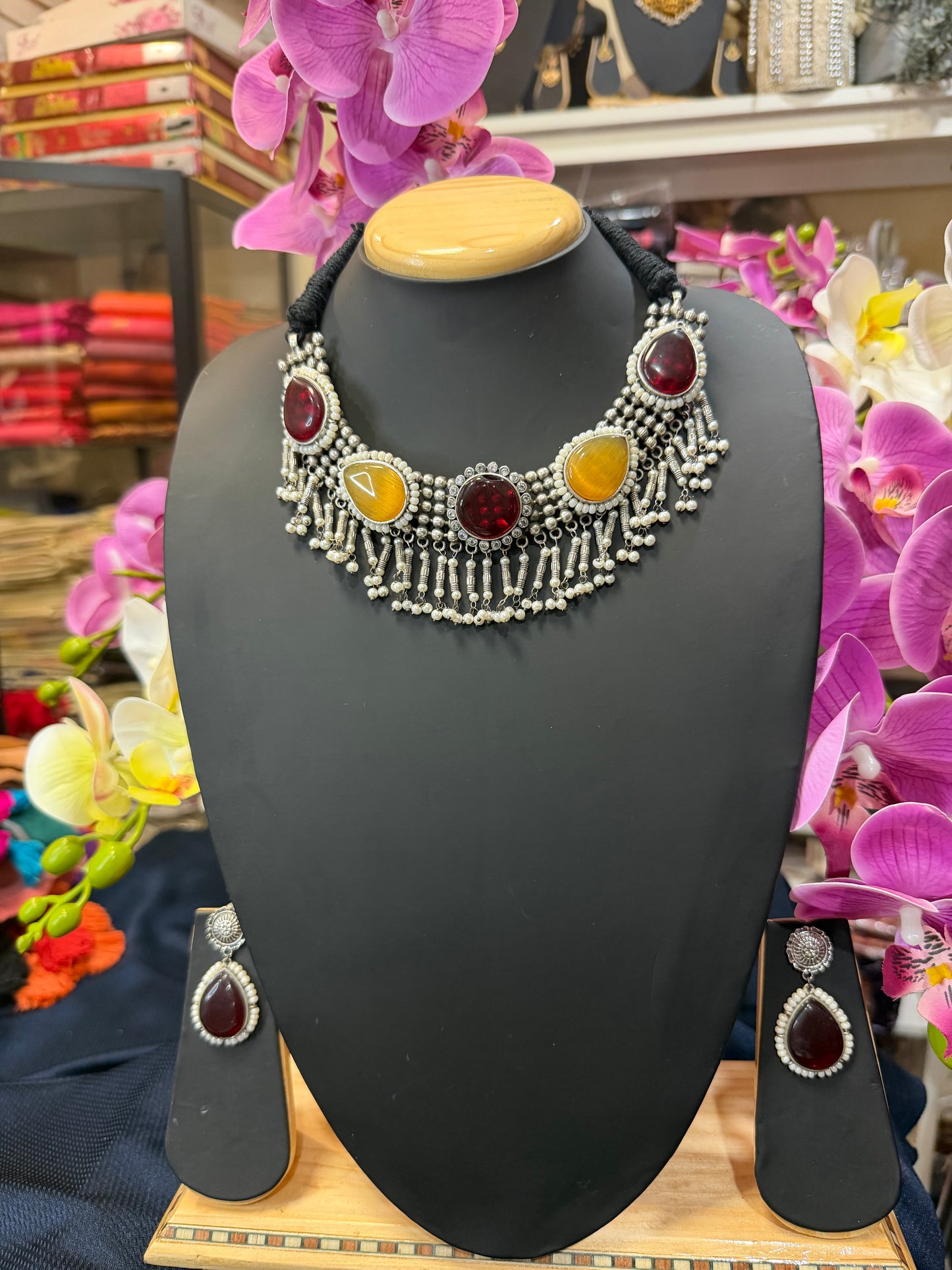 Handmade Brass Necklace with Silver polish Indian Tribal Maroon Yellow Jewellery N97