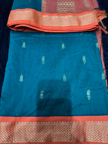 Kalyani Silk Cotton Sari Indian Saree Green & Orange S58