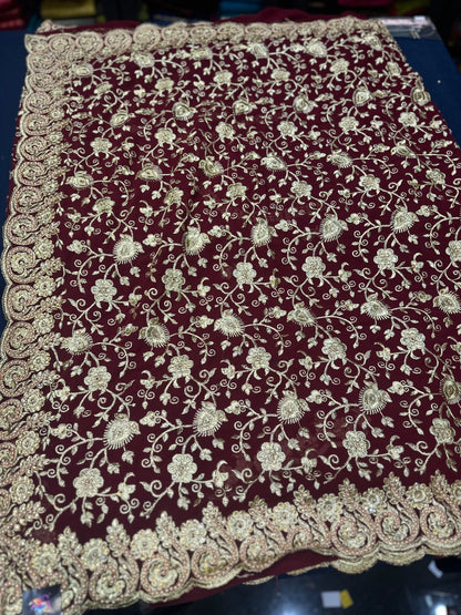 Maroon Fancy Party wear Georgette Pearl Sari Indian Saree S46