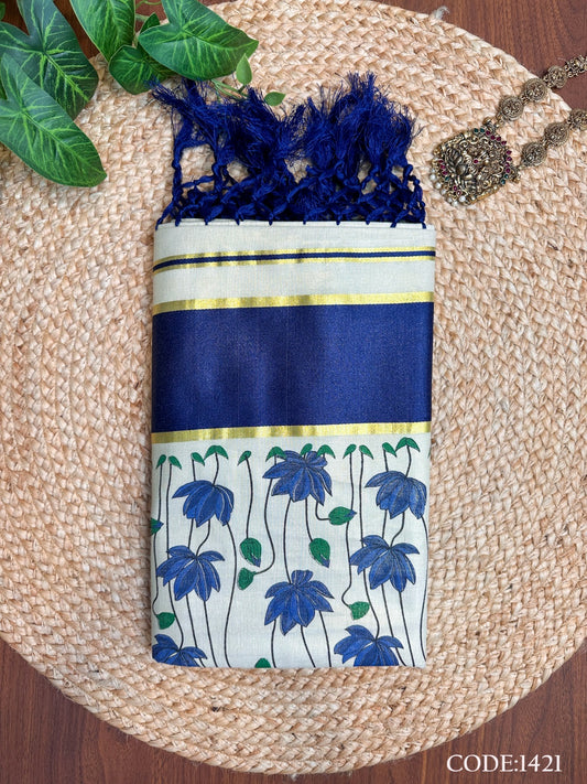 Blue Lotus Kerala Vishu Sari Indian Onam Tissue hand Painted Saree C10