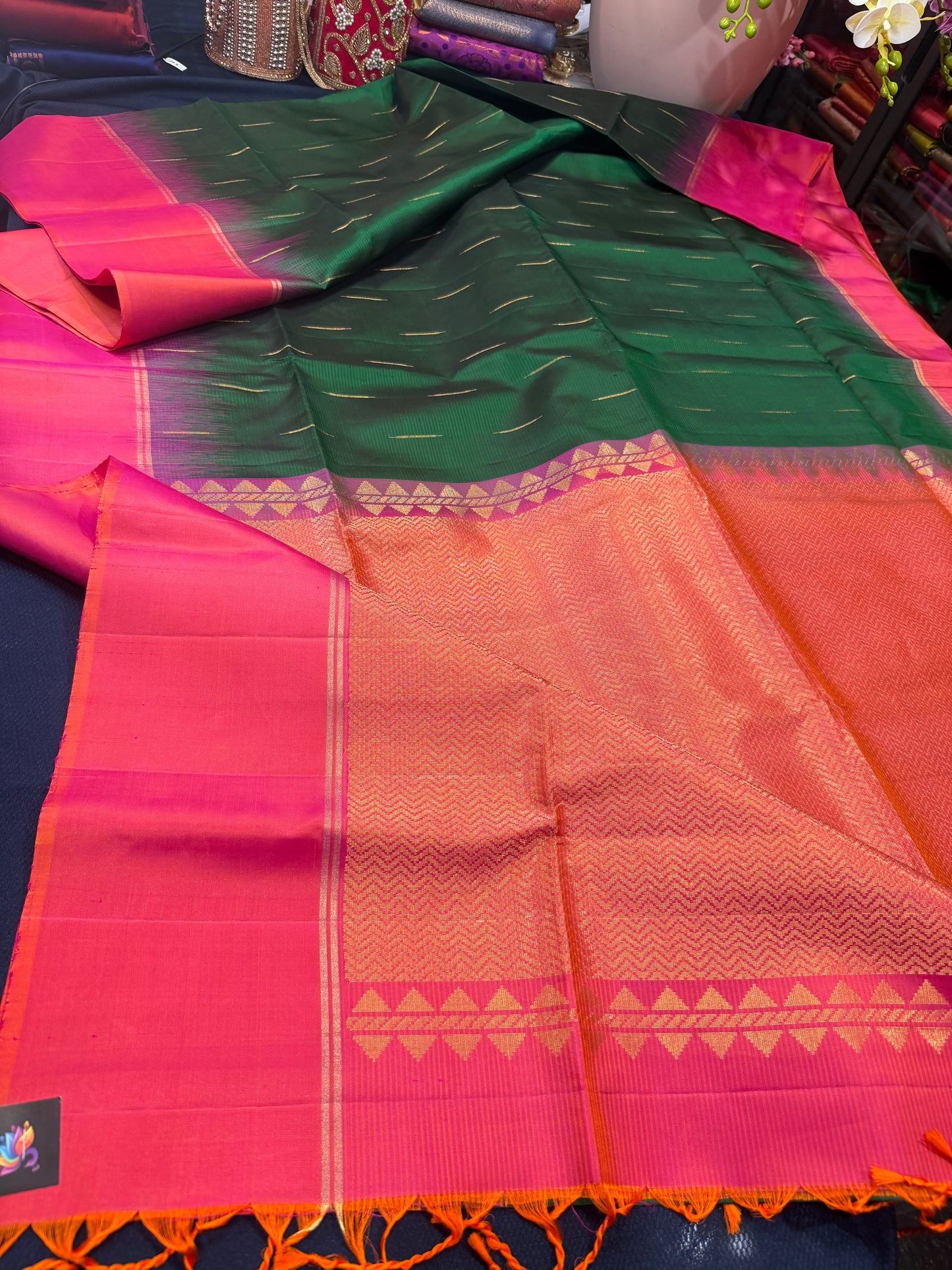 Kanchipuram Soft Silk Saree Pure Silk Sari Green Orange Colour | SS2