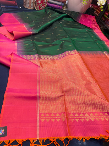 Kanchipuram Soft Silk Saree Pure Silk Sari Green Orange Colour | SS2
