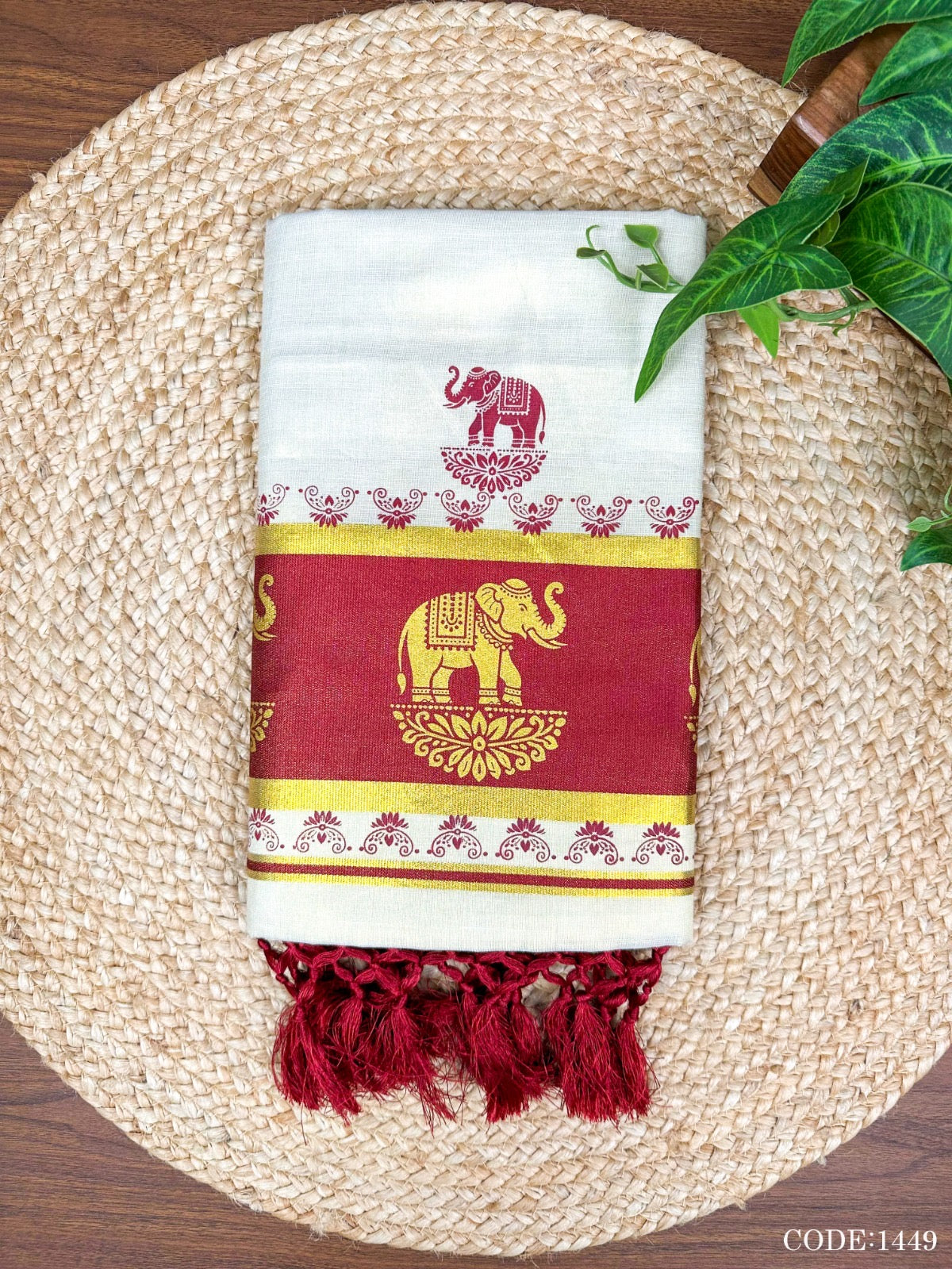 Pink Elephant Kerala Vishu Sari Indian Cream Tissue Saree C7