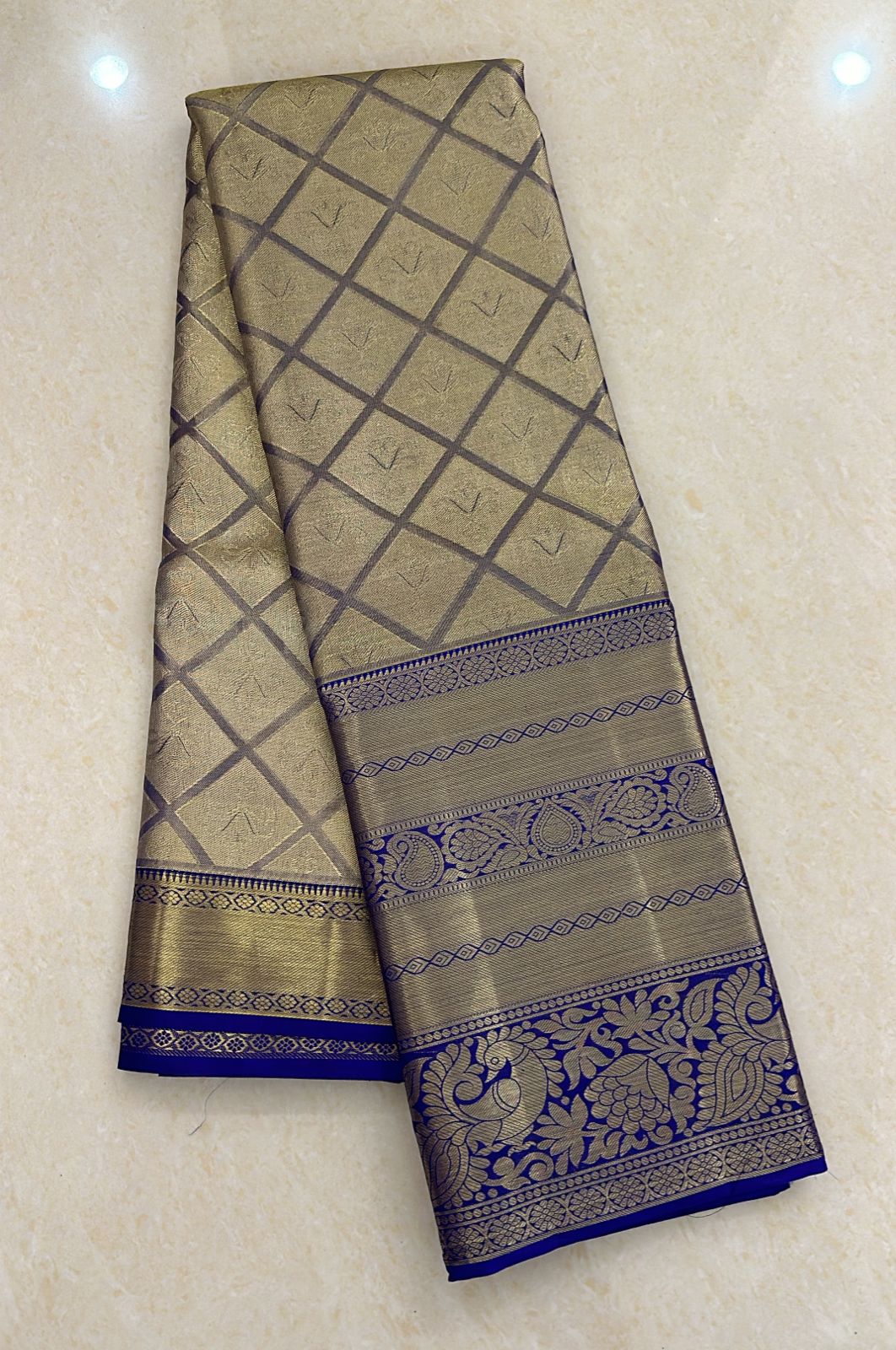 Kanchipuram Tissue Bridal Pure Silk Saree with Gold Zari Blue & Gold Sari| SPK098