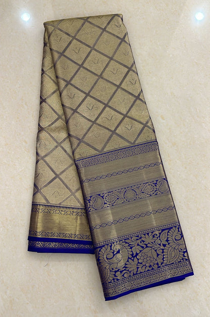 Kanchipuram Tissue Bridal Pure Silk Saree with Gold Zari Blue & Gold Sari| SPK098