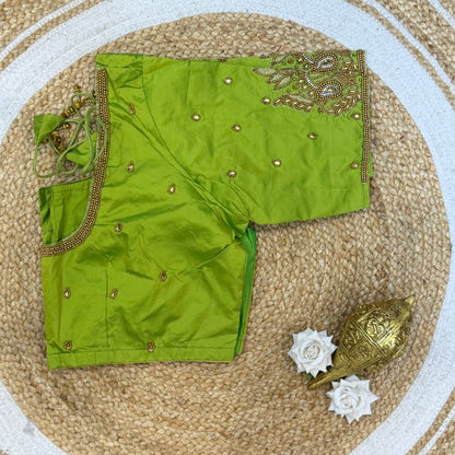 46” Size 16 Aari Worked Sari Blouse Indian Saree Top Silk Green B225