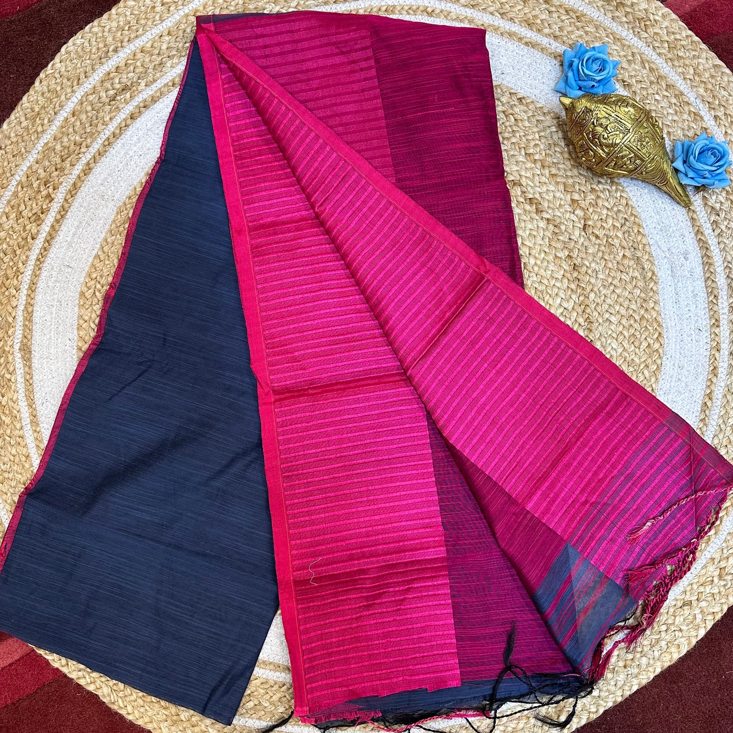 Red & Green Soft Cotton Linen Sari Indian Saree with temple border C1