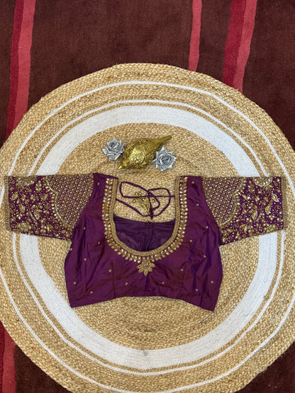 38” M Size 8 Aari Worked Sari Blouse Indian Saree Top Plum B174