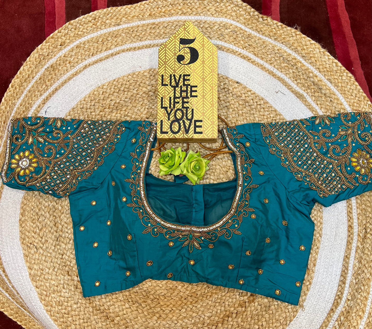 40” Bridal Aari hand Worked Sari Blouse Indian Top Choli Silk Teal Blue B42